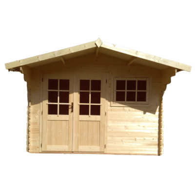 Montovaná zahradní chatka se sedlovou střechou, dvojitými dveřmi a oknem