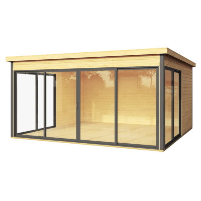 Zahradní kancelář s 40mm dřeva AL rámy, posuvná okna, izolační dvojskla